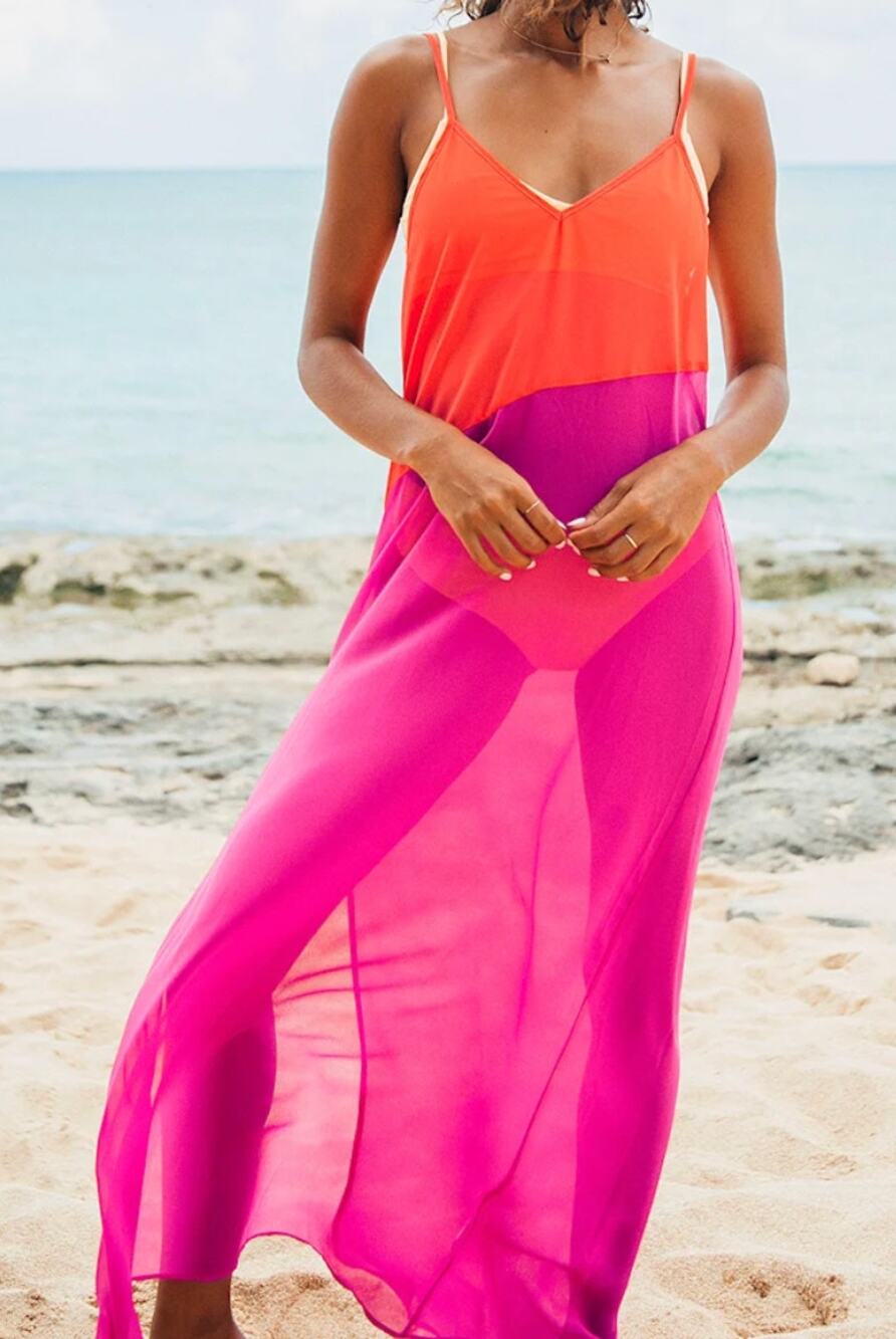 Lulus Seaside Retreat Coral Maxi Cover-Up Dress Red and Magenta Small